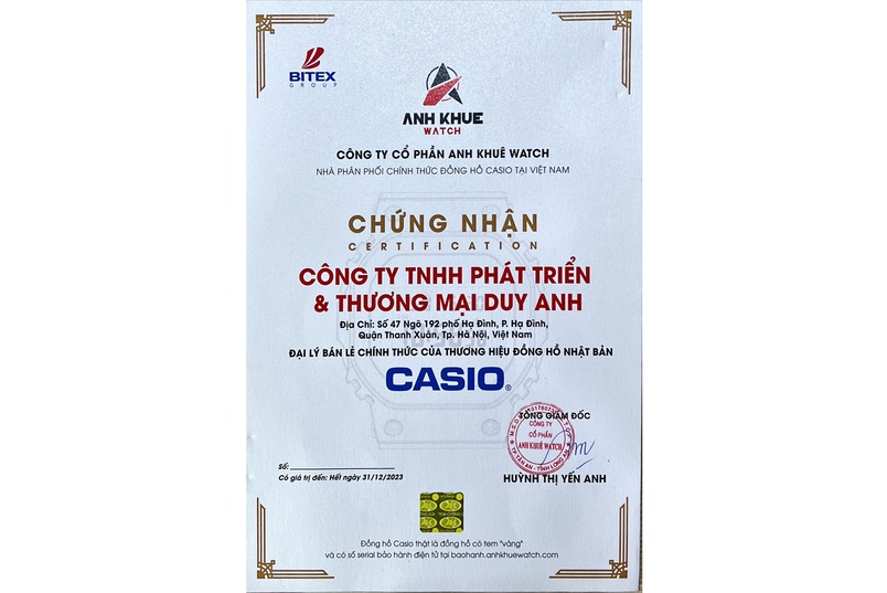 Chứng nhận Duy Anh Watch là Đại lý ủy quyền chính thức thương hiệu Casio tại Việt Nam