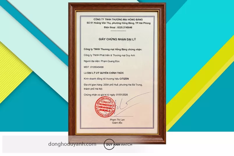 Chứng nhận Duy Anh Watch là Đại lý ủy quyền đồng hồ chính hãng thương hiệu CITIZEN tại Việt Nam