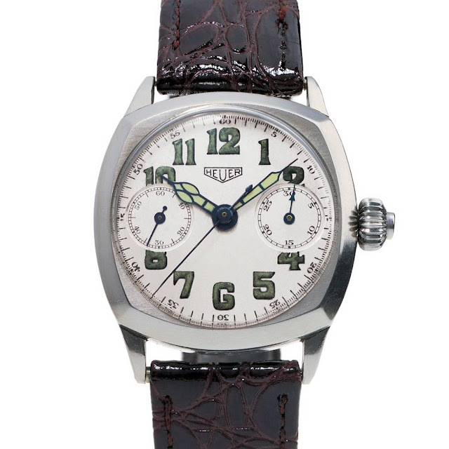 Một chiếc đồng hồ bấm giờ khác của Heuer từ những năm 1930. Như những người hâm mộ Heuer sẽ nhận thấy, hình dạng vỏ của nó là nguồn cảm hứng cho mẫu Monza ra mắt vào năm 2000.