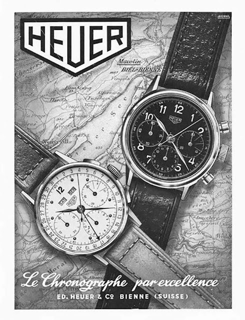 Quảng cáo Heuer hiển thị đồng hồ bấm giờ ba lịch Heuer - khoảng năm 1950
