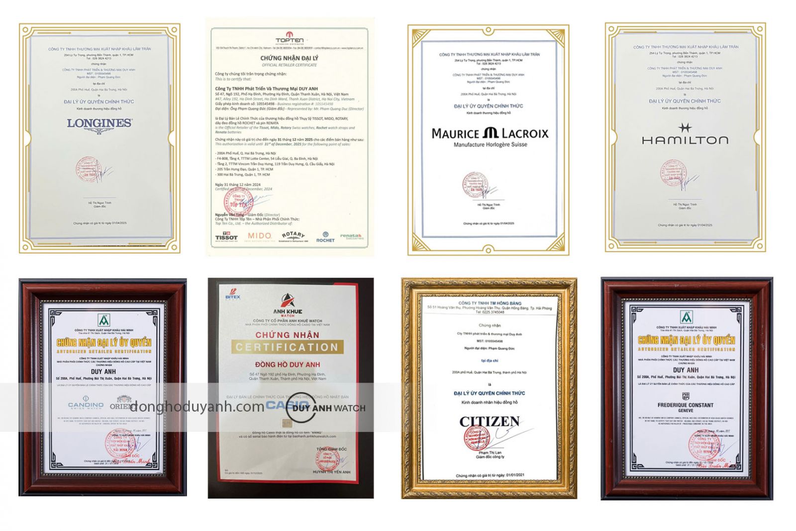 Một số giấy chứng nhận đại lý chính hãng của Đồng hồ Duy Anh