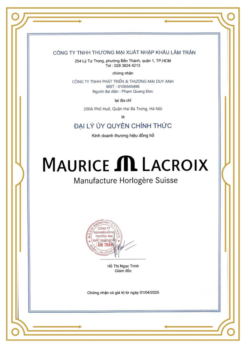 Giấy chứng nhận đại lý ủy quyền chính thức của thương hiệu Maurice Lacroix của Đồng Hồ Duy Anh