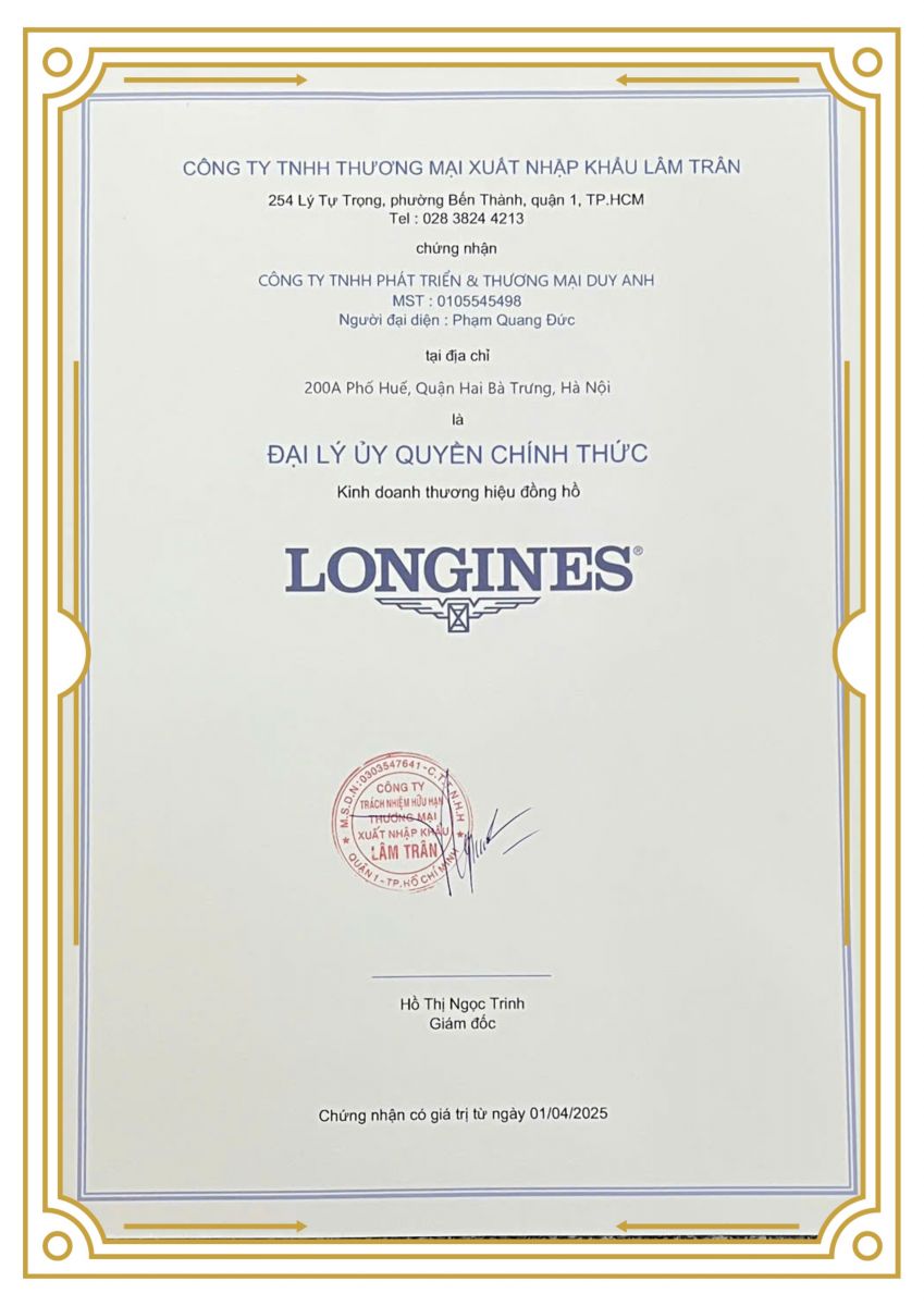Giấy chứng nhận Đại lý ủy quyền chính thức thương hiệu Longines tại Việt Nam của Duy Anh