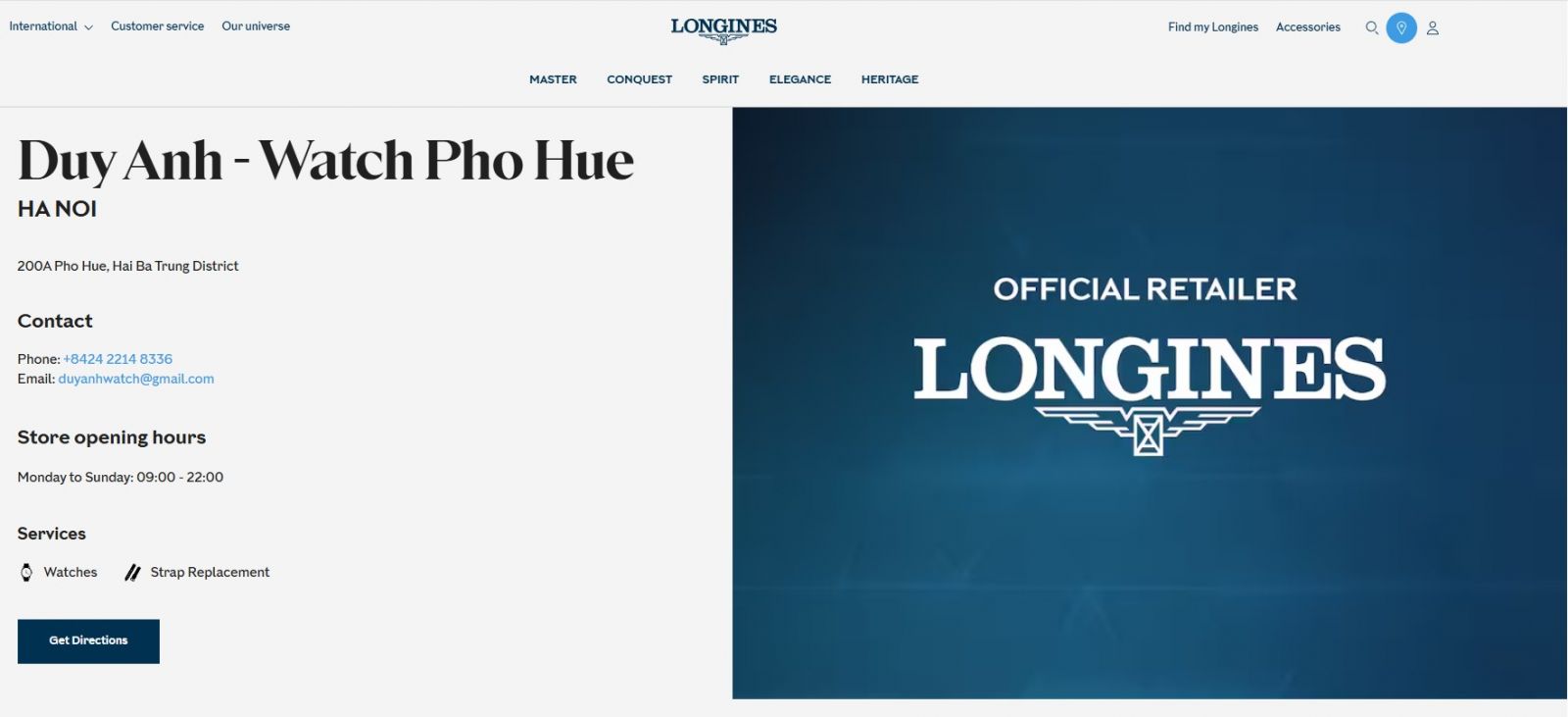 Duy Anh Watch được ghi nhận trong danh sách đại lý Longines trên website của hãng