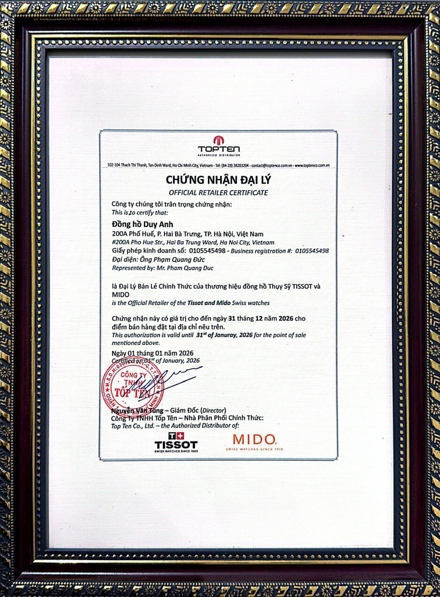 Giấy chứng nhận đại lý ủy quyền chính thức thương hiệu Mido, Tissot, Rotary tại Việt Nam - Duy Anh Watch