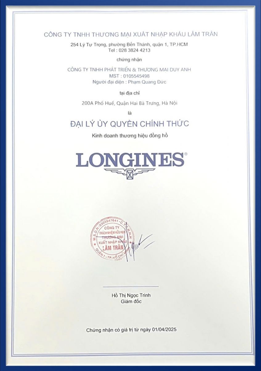 Giấy chứng nhận đại lý chính thức của Longines tại Việt Nam của Duy Anh Watch
