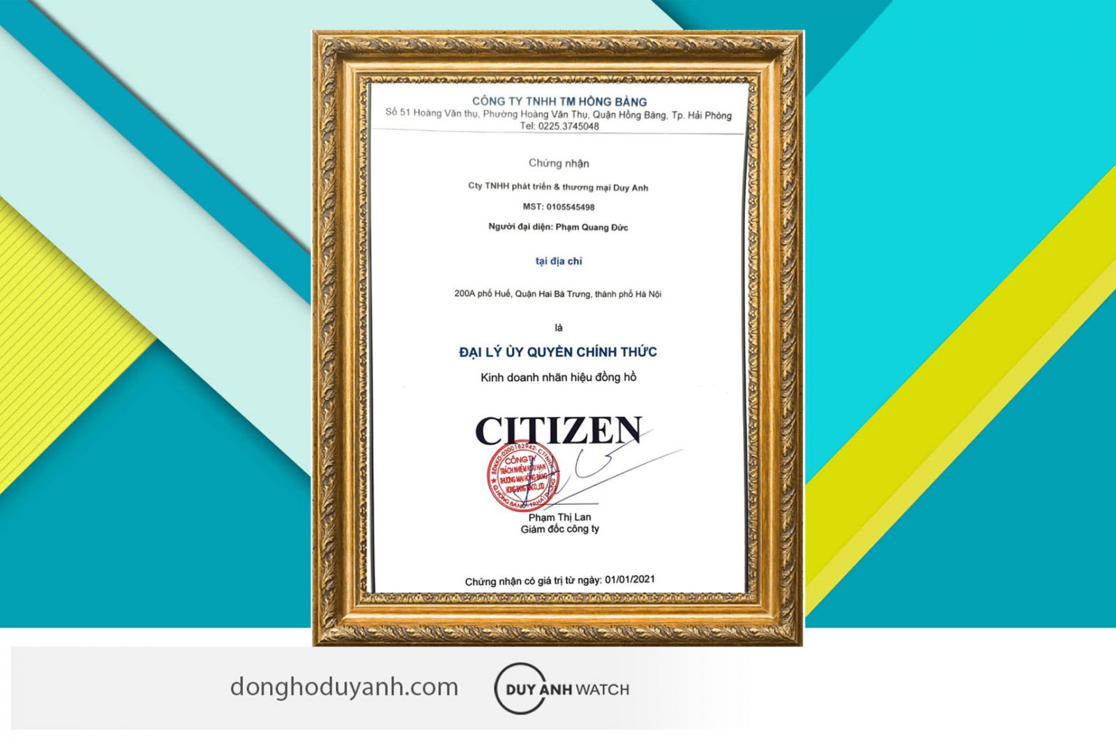 Giấy chứng nhận đại lý Citizen tại Việt Nam của Duy Anh Watch