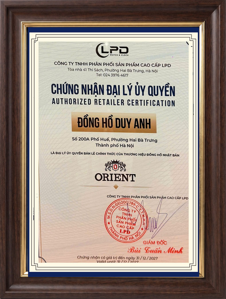 Giấy chứng nhận đại lý ủy quyền thương hiệu Orient tại Việt Nam của Duy Anh