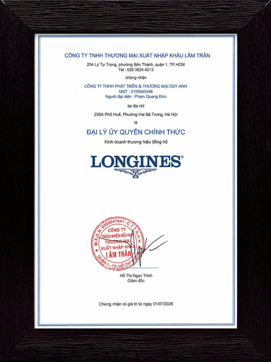 Giấy chứng nhận đại lý ủy quyền chính thức thương hiệu đồng hồ Longines của Duy Anh Watch