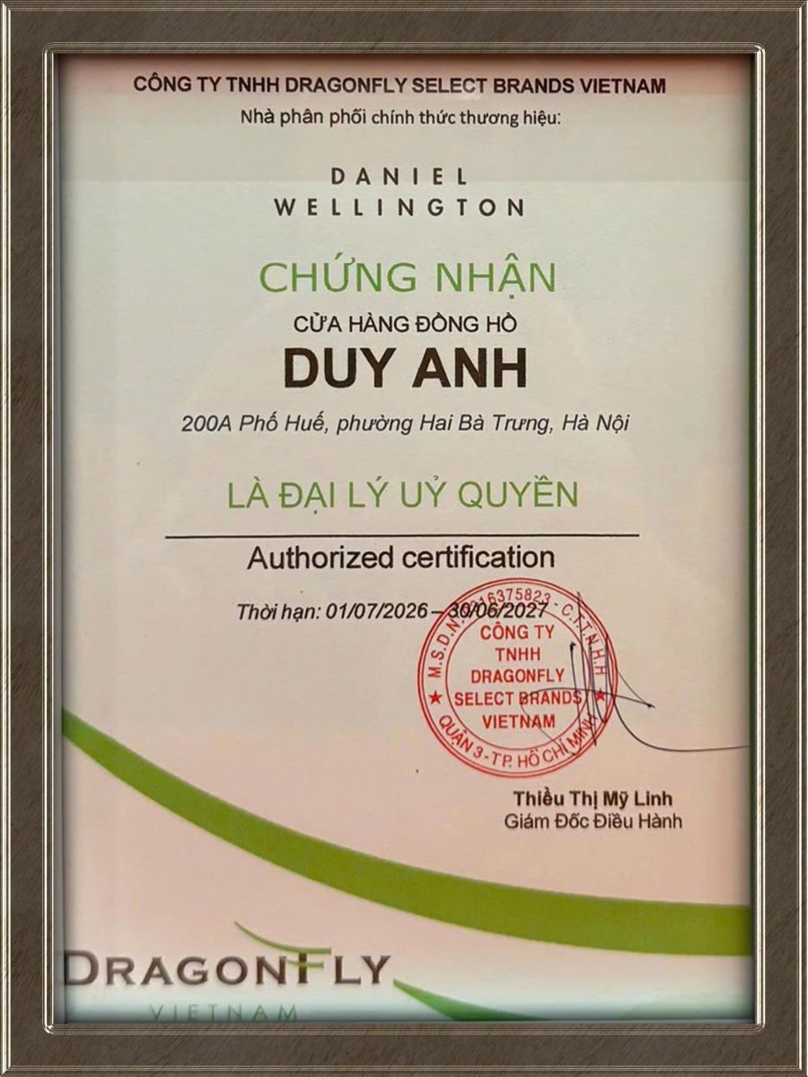 Giấy chứng nhận Đại lý uỷ quyền chính thức của thương hiệu Daniel Wellington