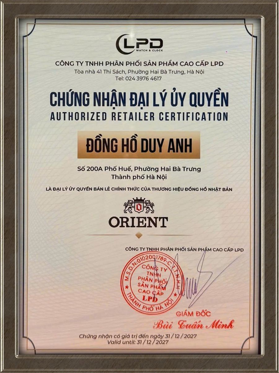 Giấy chứng nhận đại lý ủy quyền thương hiệu Orient tại Việt Nam của Duy Anh